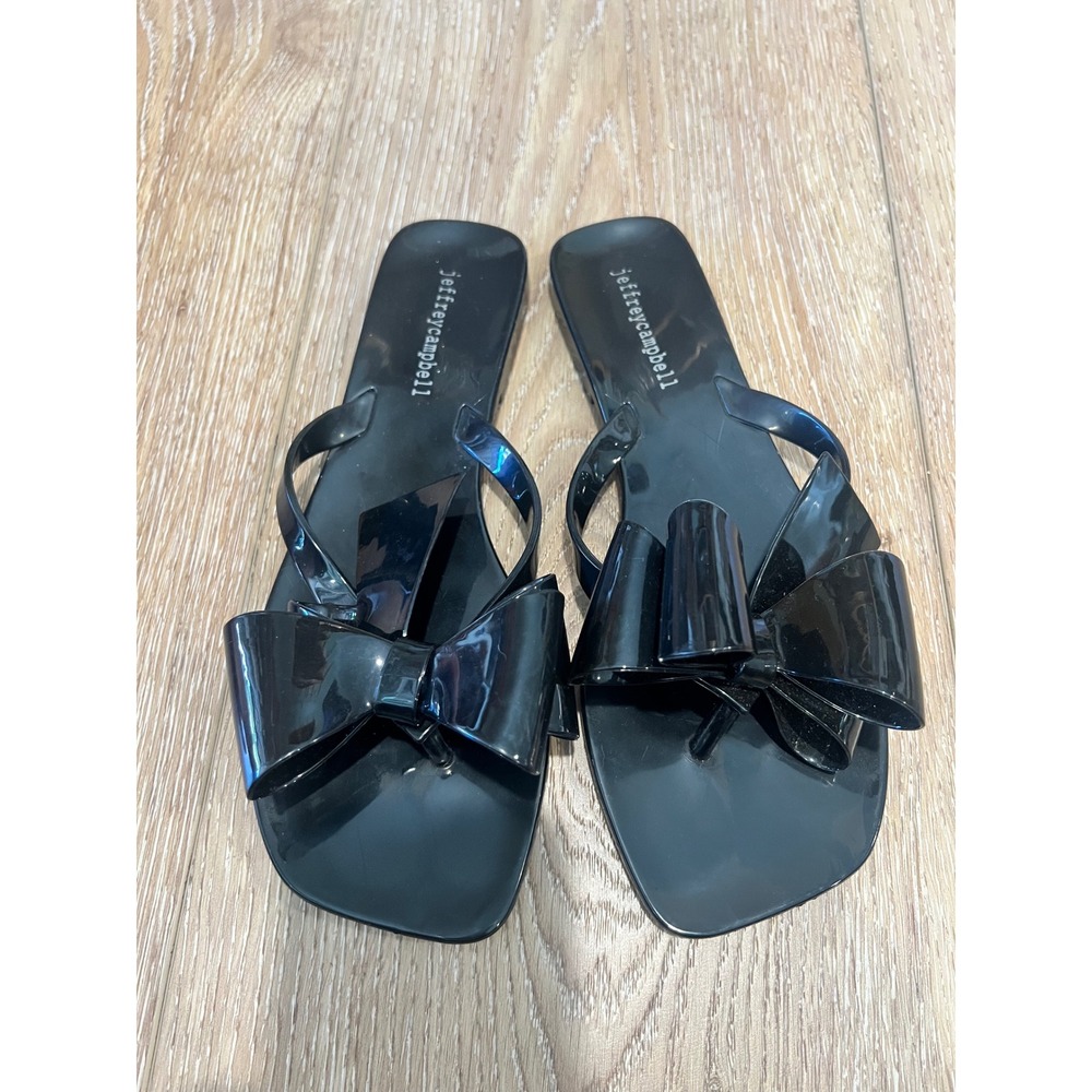 Jeffrey Campbell Black Jelly Bow Sandals Square Toe Thong Flip Flops Womens 8 39